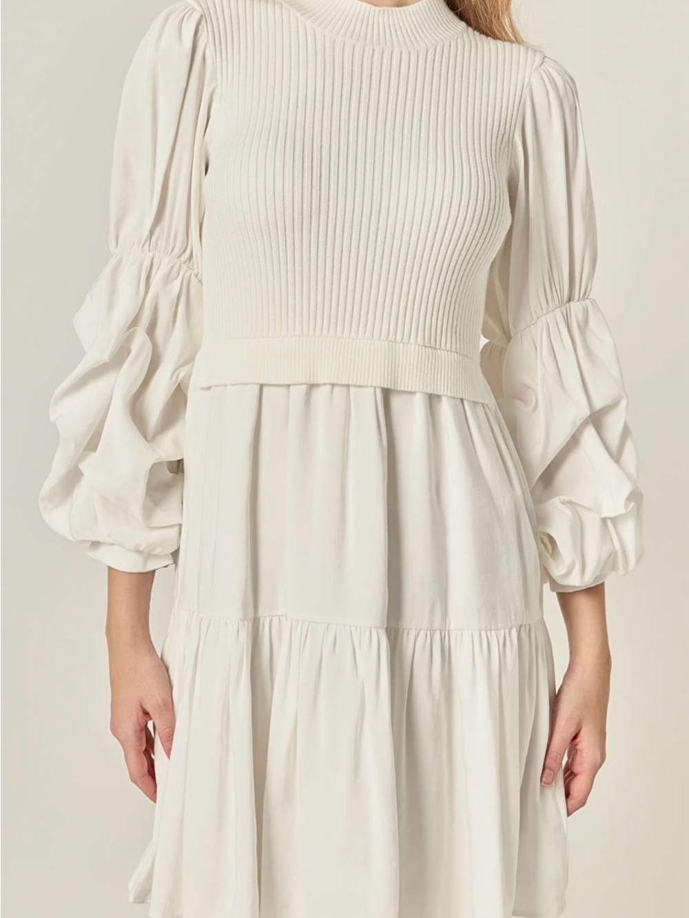 Ivory Knit Bodice Fit & Flare Mock Neck  Dress Long Billowy Sleeves Modest L